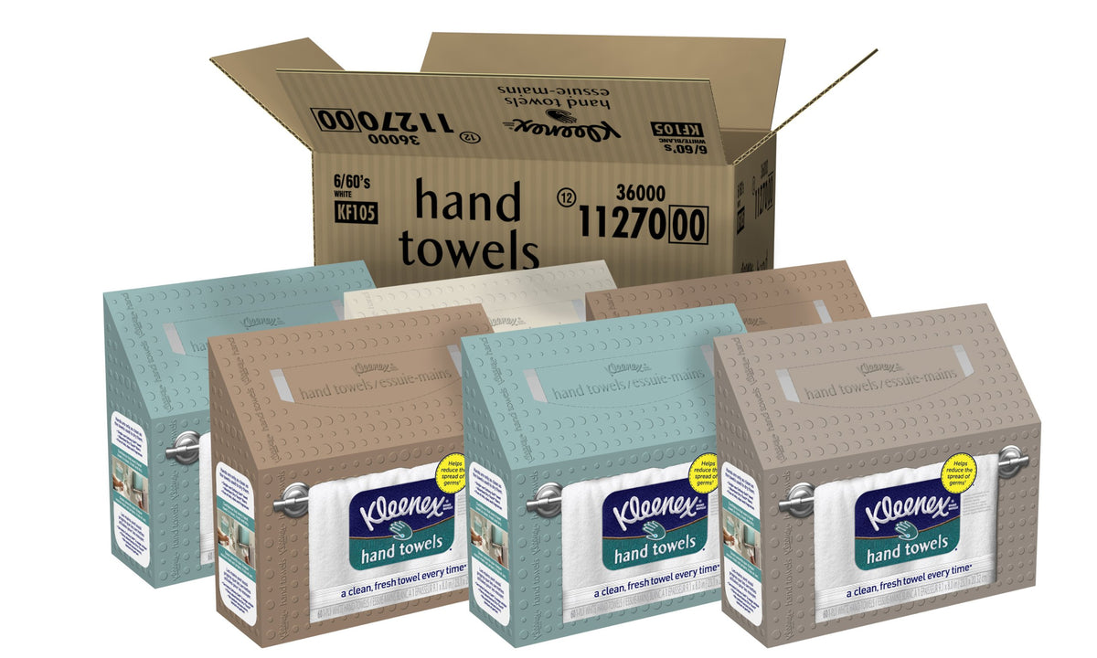 Kleenex frente del empaque mostrando 60 toallas y facilidad de dispensado