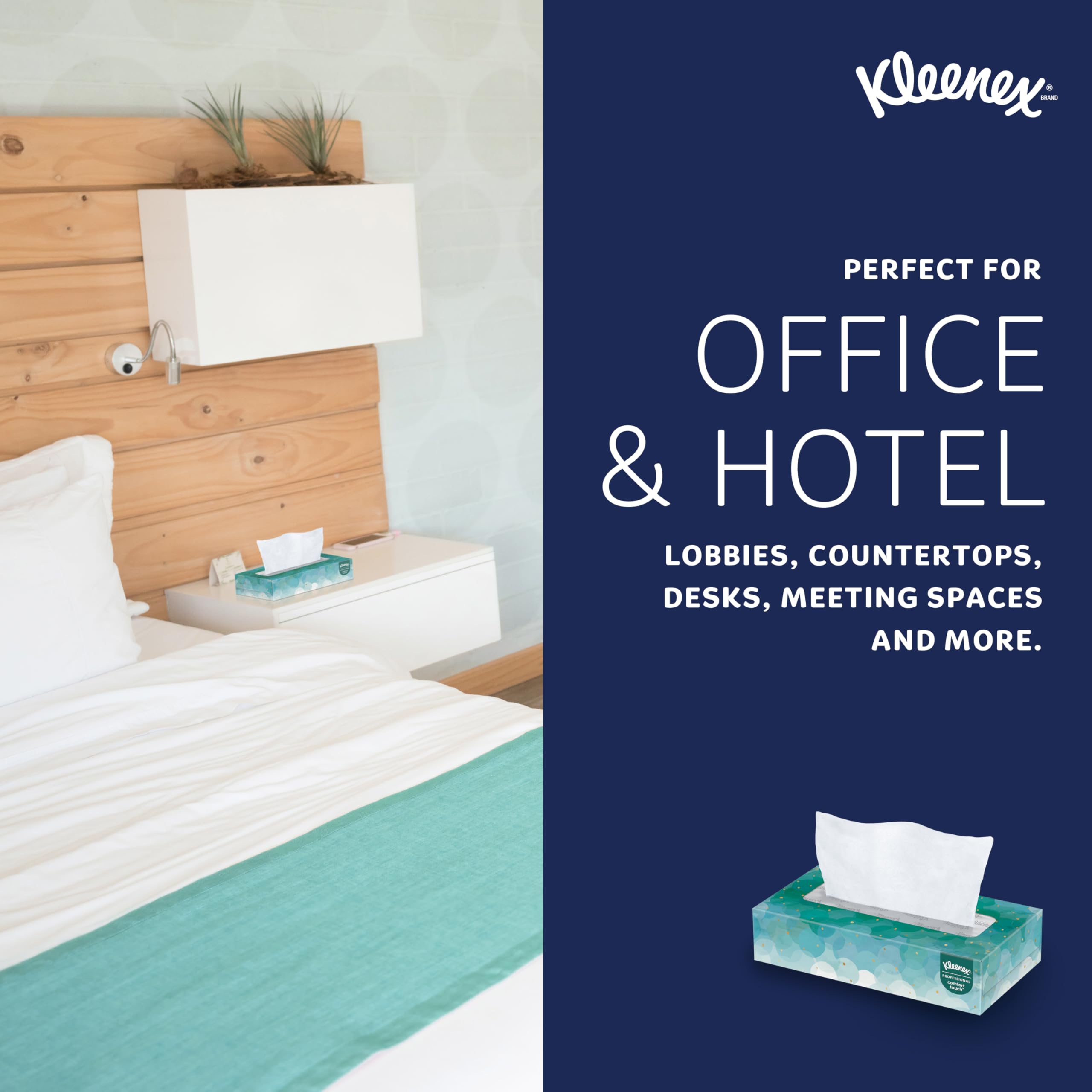 Kleenex pañuelo en habitación de hotel mostrando presentación y confort