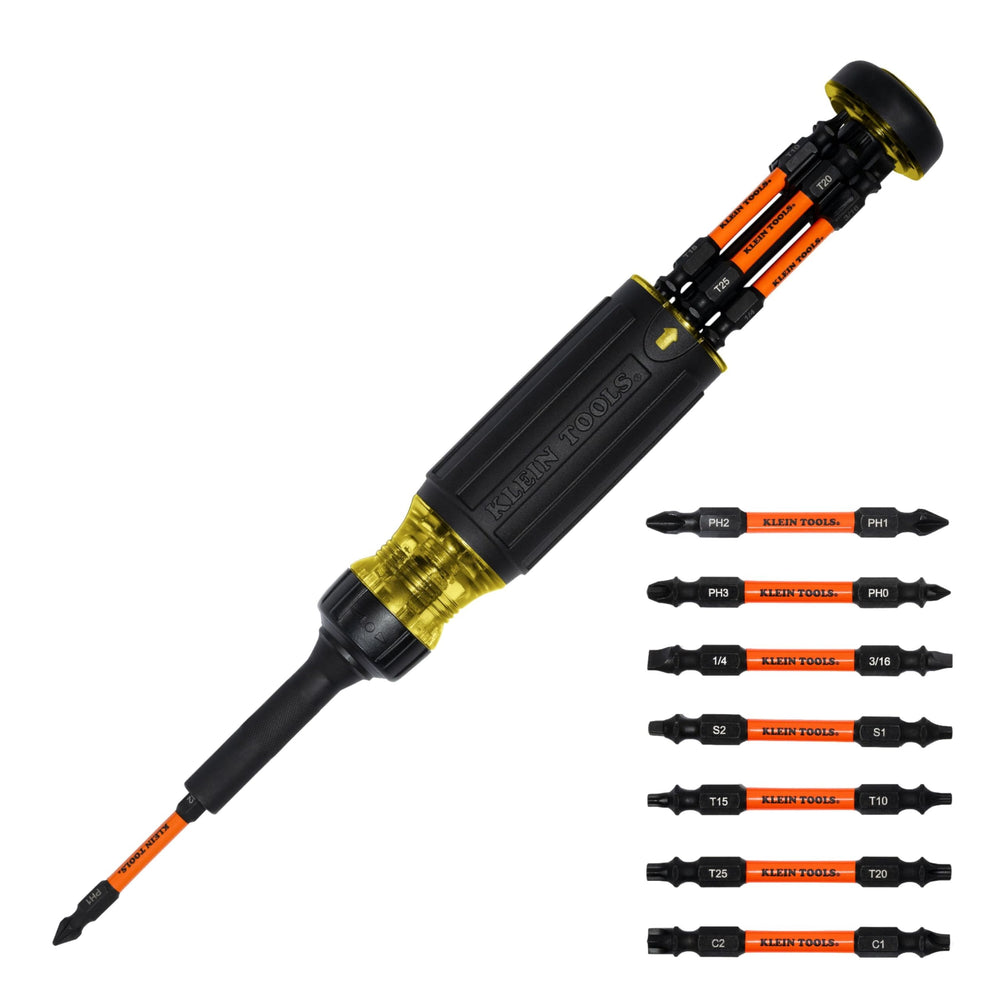 KLEIN TOOLS vista frontal del destornillador 15 en 1, versatilidad en mano