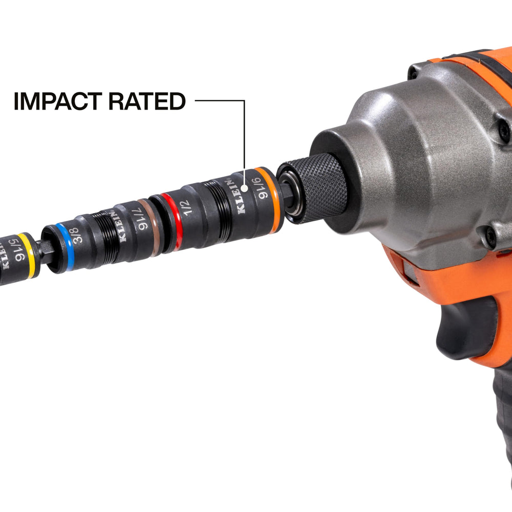 Klein Tools almacenamiento en eje y códigos de color facilitando identificación rápida