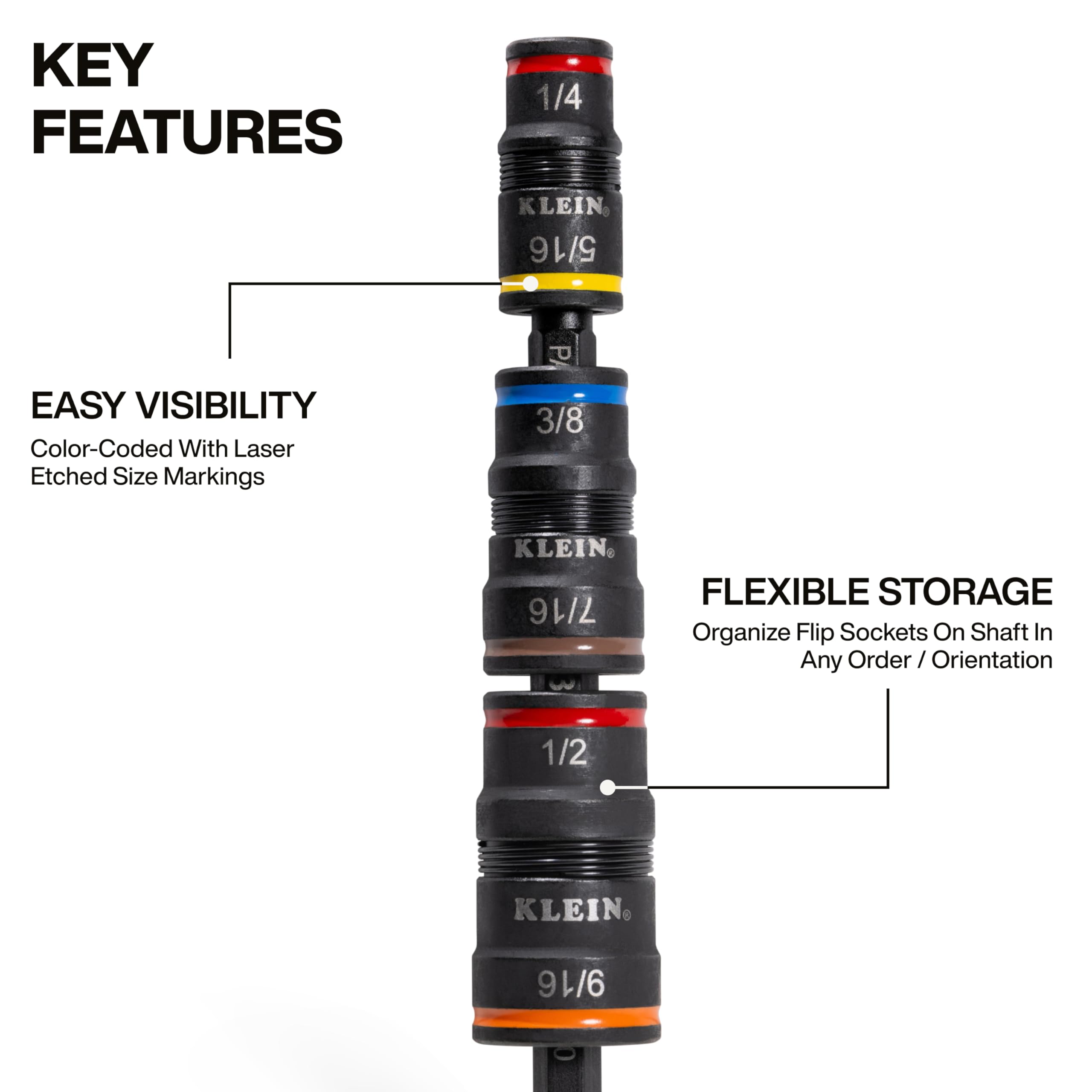 Klein Tools eje de 5 pulgadas con conector rápido mostrando compatibilidad y alcance