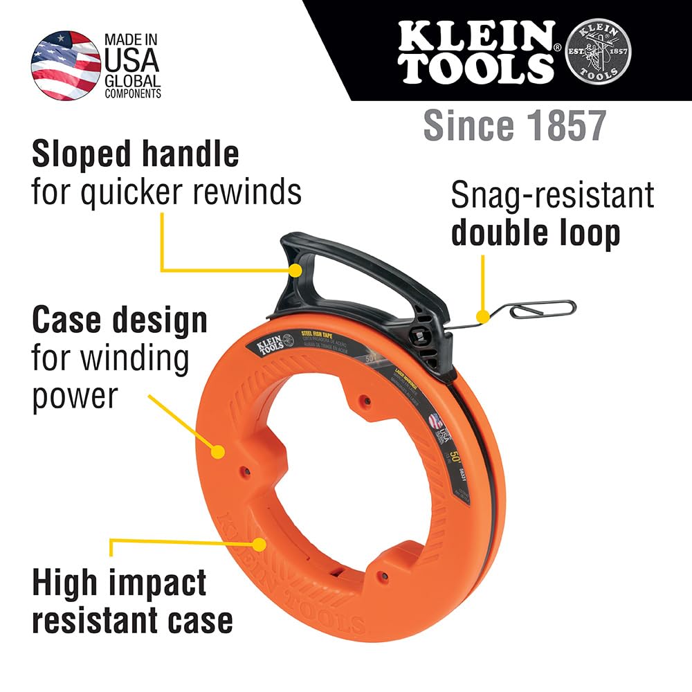 Klein Tools primer plano de la cinta de acero resaltando firmeza y flexibilidad
