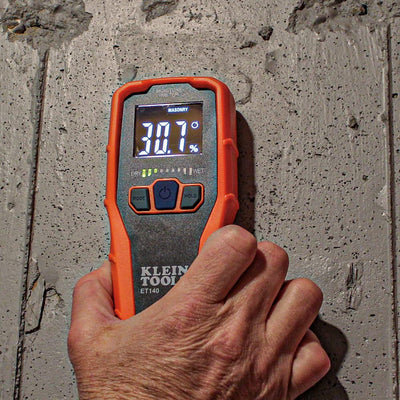 Klein Tools ET140 controls and label showing material mode button for accurate readings