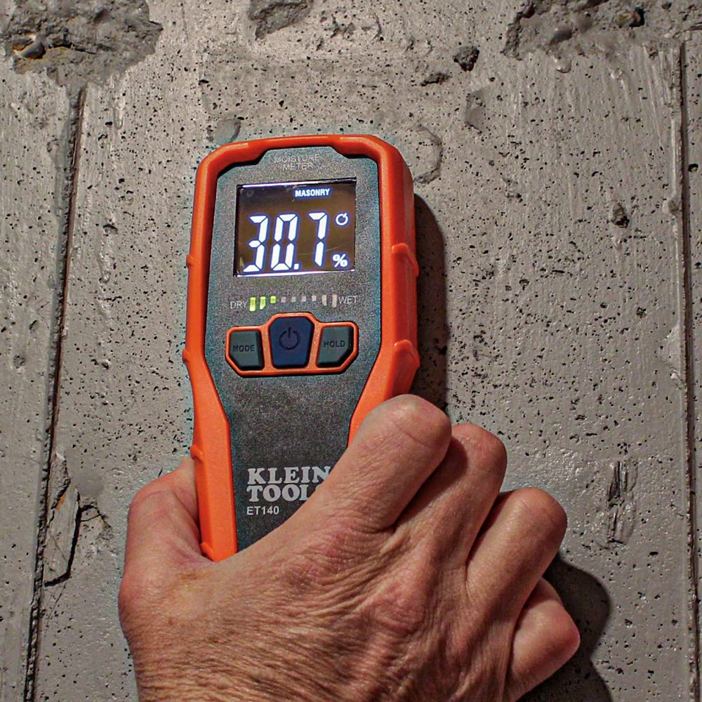 Klein Tools ET140 controls and label showing material mode button for accurate readings