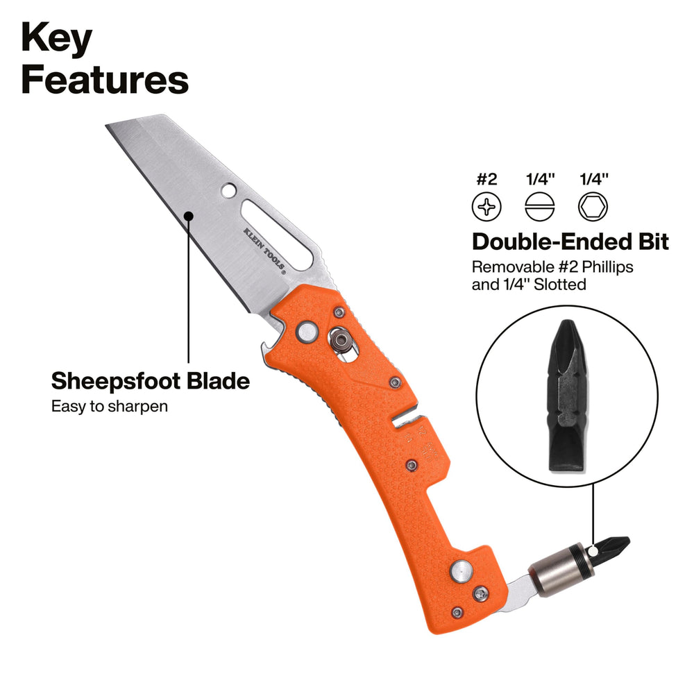 KLEIN TOOLS detalle de la hoja sheepsfoot para cortes precisos y seguros