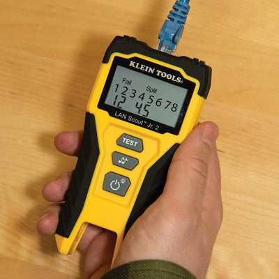 Klein Tools LAN Scout Jr. attached to a patch panel to identify network runs