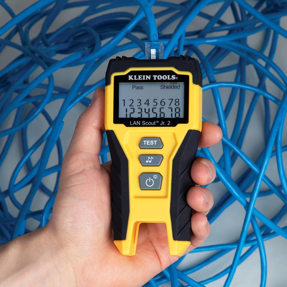 Klein Tools LAN Scout Jr. connected to an RJ45 plug demonstrating cable testing