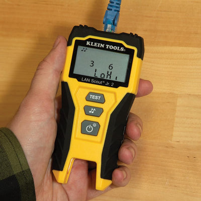 Klein Tools LAN Scout Jr. in hand showing compact size and field portability