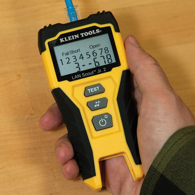 Klein Tools LAN Scout Jr. tone mode in use with probe for fast cable tracing