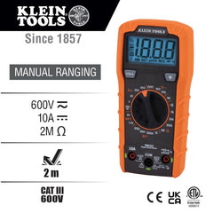 Klein Tools MM325 rear view with integrated test lead holders for neat storage