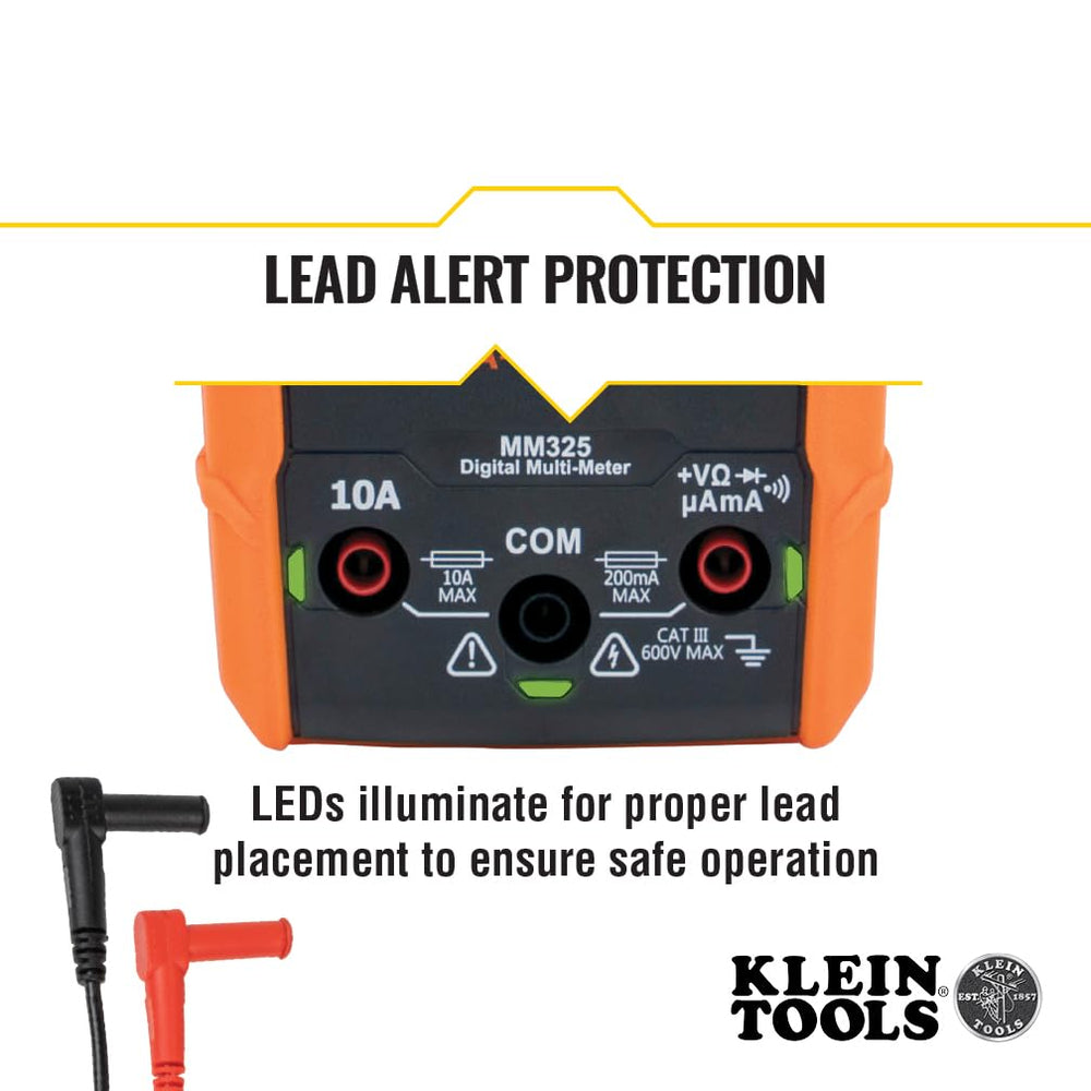 Klein Tools MM325 close-up of dial and input ports for accurate selection