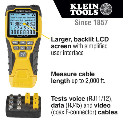 Klein Tools backlit display closeup shows wiremap and length for easy reading