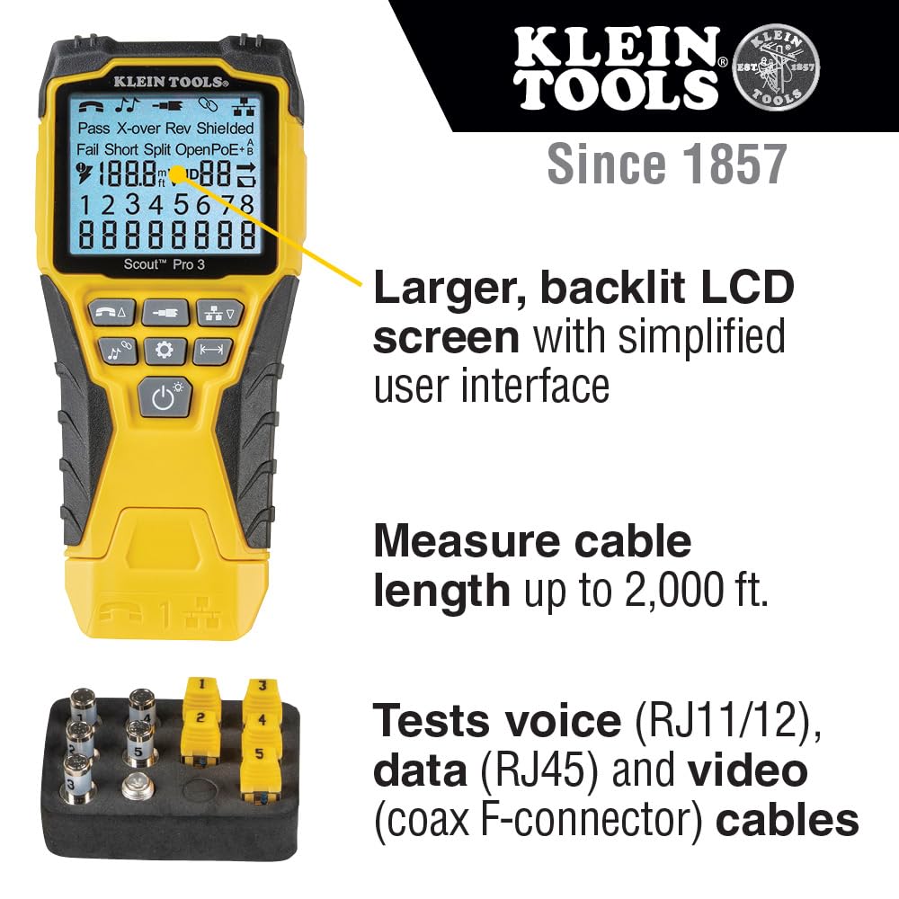 Klein Tools backlit display closeup shows wiremap and length for easy reading