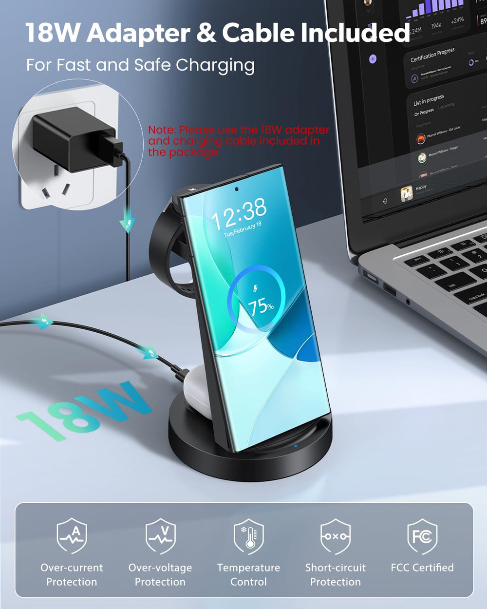Knild mostrando teléfono, reloj y auriculares cargando simultáneamente eficaz