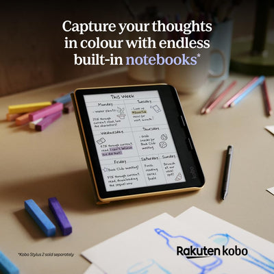 Kobo Libra Colour back showing recycled material label and sustainable design benefit
