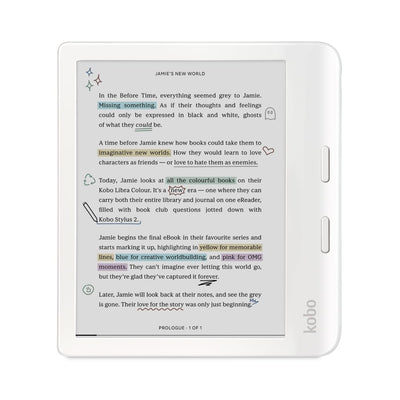 Kobo Libra Colour front view white showing crisp book cover display and portability