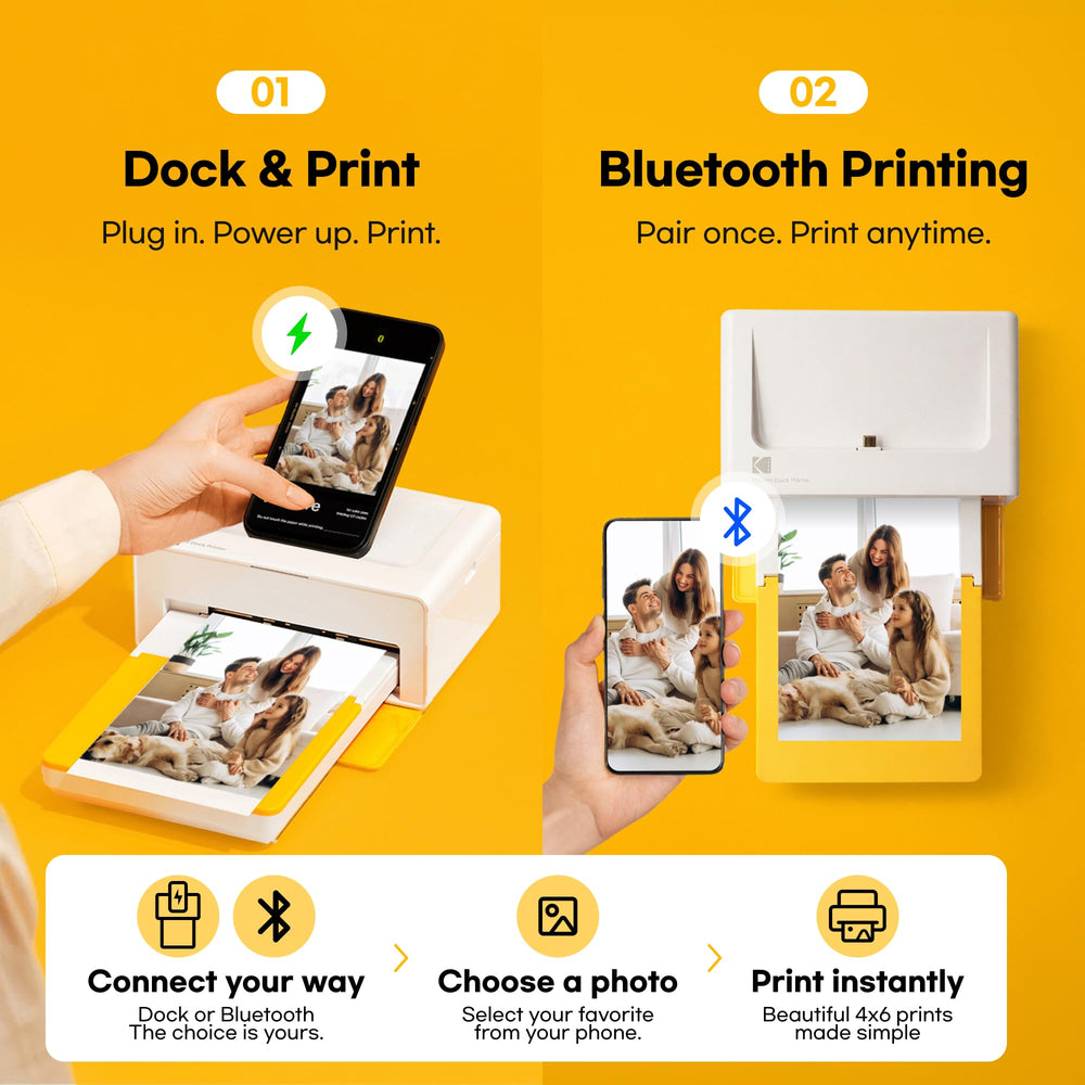 KODAK Dock Plus ejecting a 4x6 photo showing accurate size and instant prints benefit