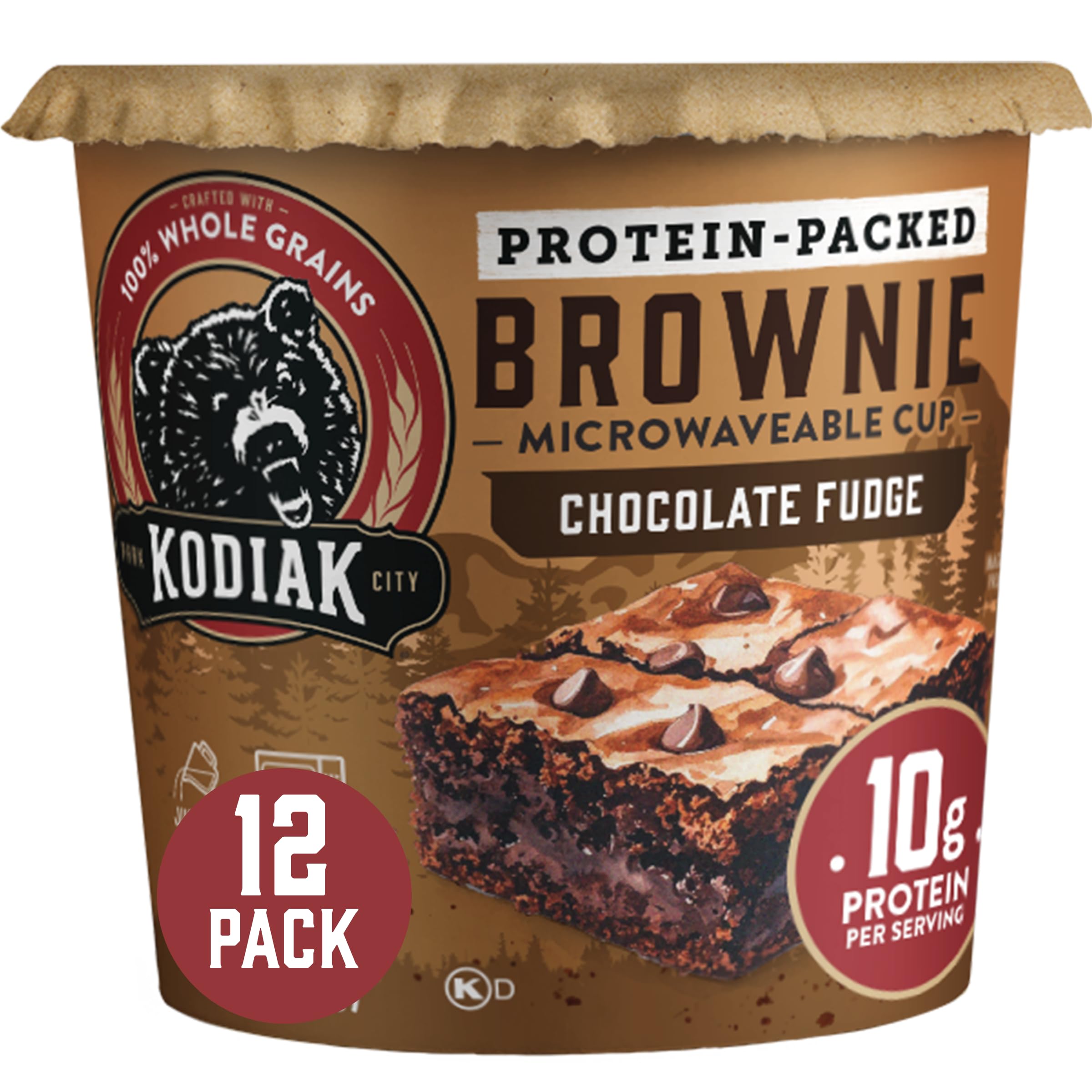 Kodiak Cakes brownie en taza vista frontal, listo y práctico