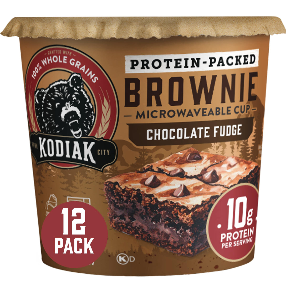 Kodiak Cakes brownie en taza vista frontal, listo y práctico