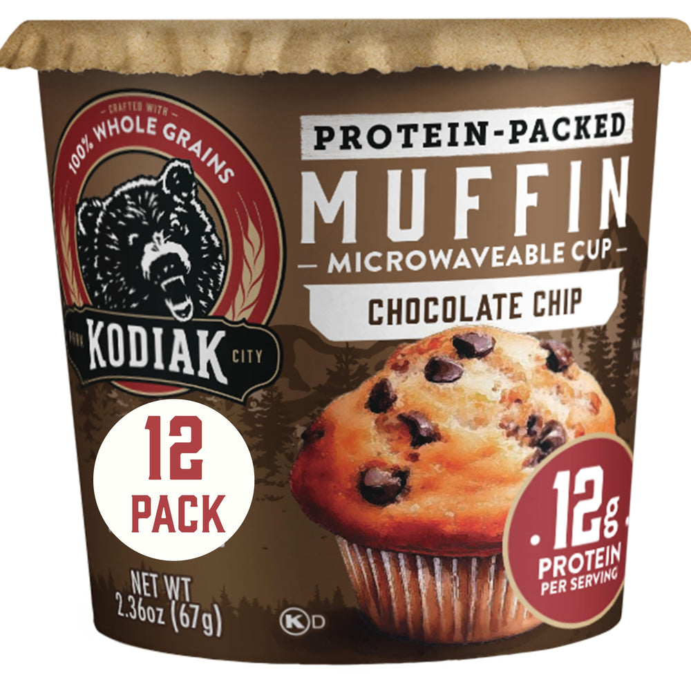 Kodiak Cakes empaque frontal del pack de 12 muffins mostrando conveniencia