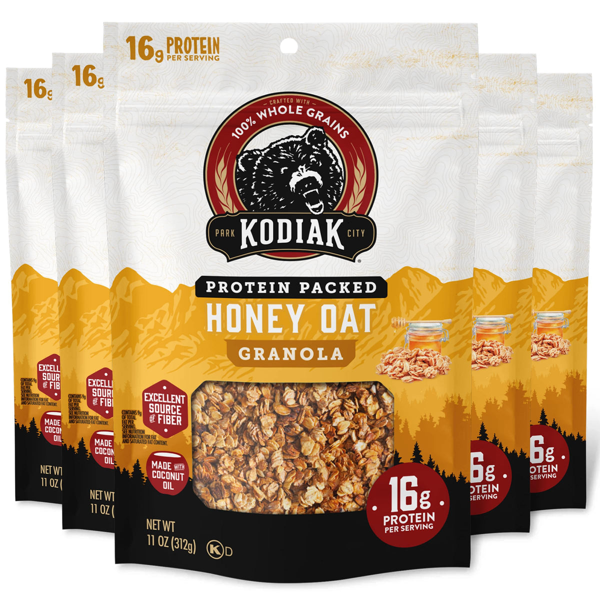 Kodiak Cakes frente del paquete mostrando el sello proteico y beneficio de saciedad
