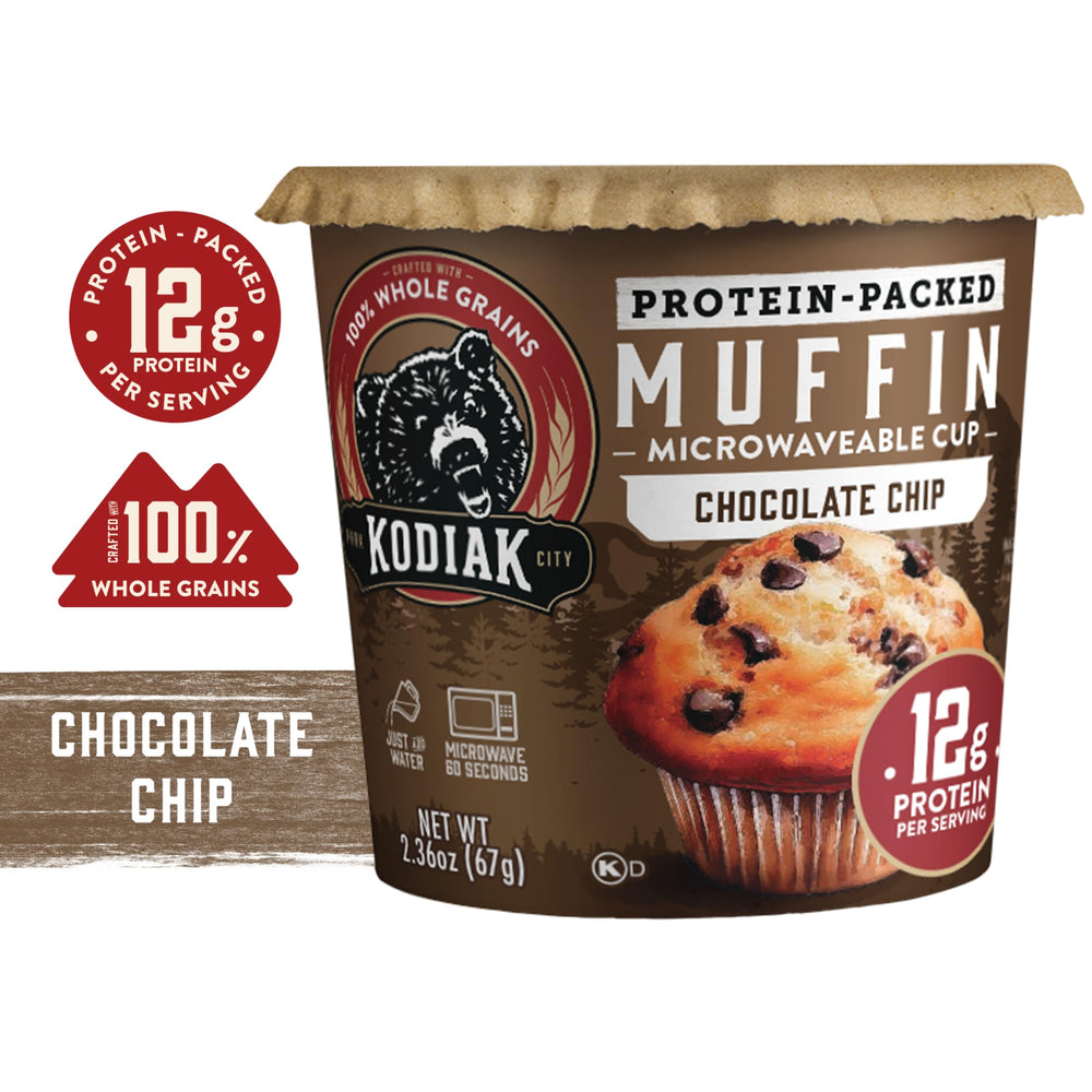 Kodiak Cakes primer plano de textura del muffin y chips resaltando apariencia apetitosa