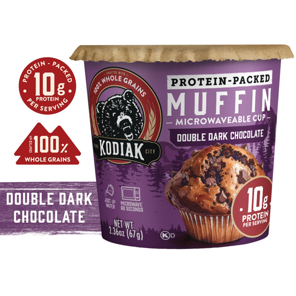 Kodiak Cakes vista cercana de la textura y trozos de chocolate intenso