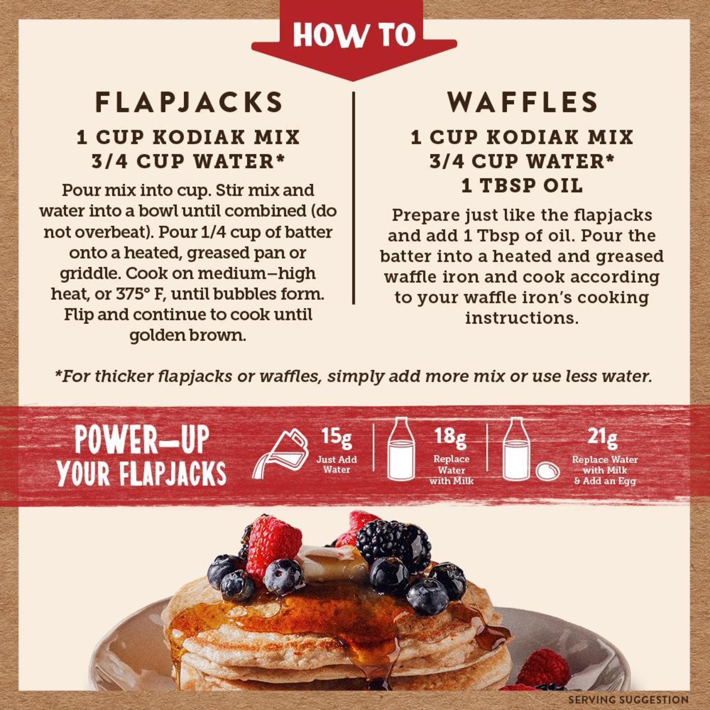 Kodiak Cakes comparación de tamaño de la caja y porciones para planificación