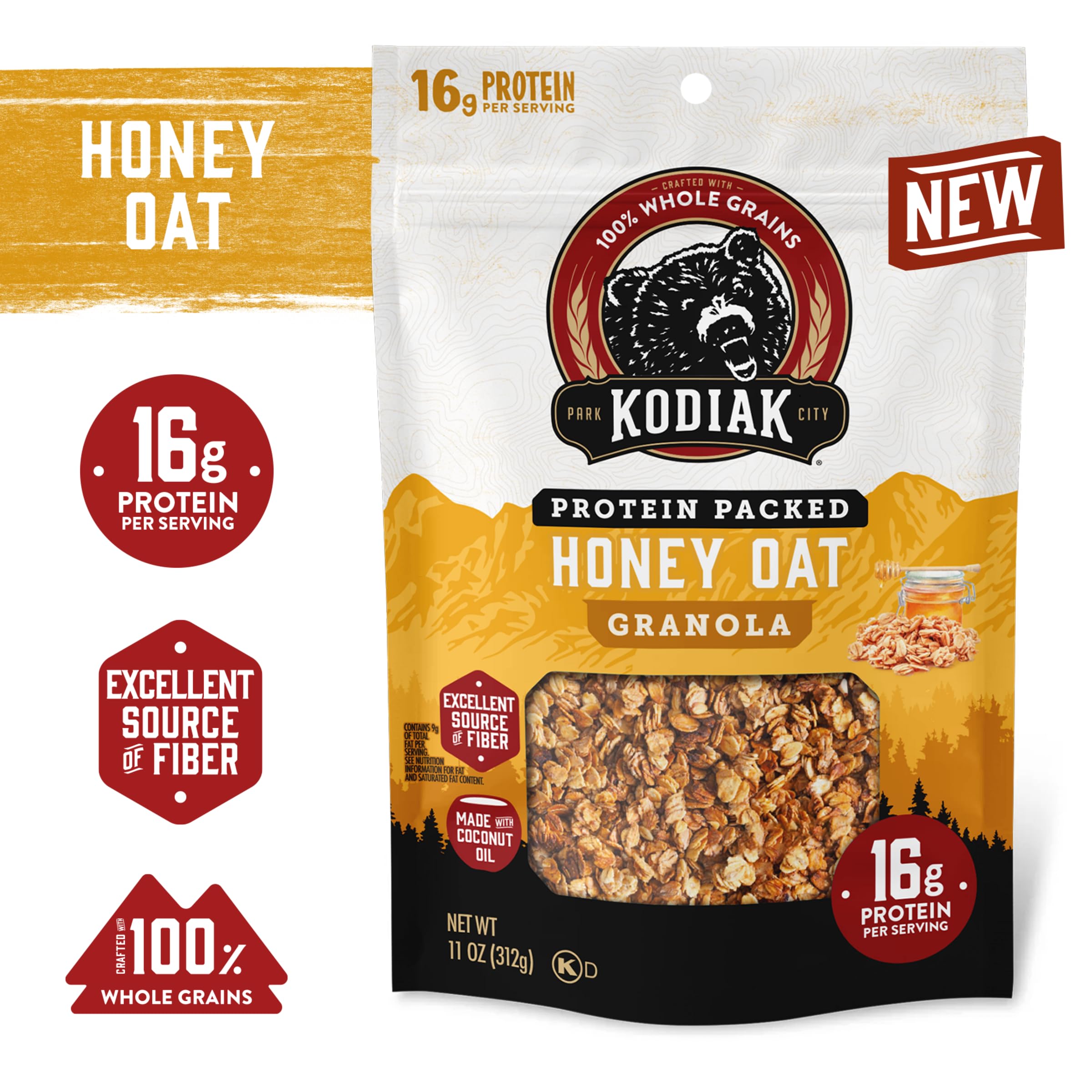 Kodiak Cakes primer plano textura crujiente y cierre resellable que preserva frescura