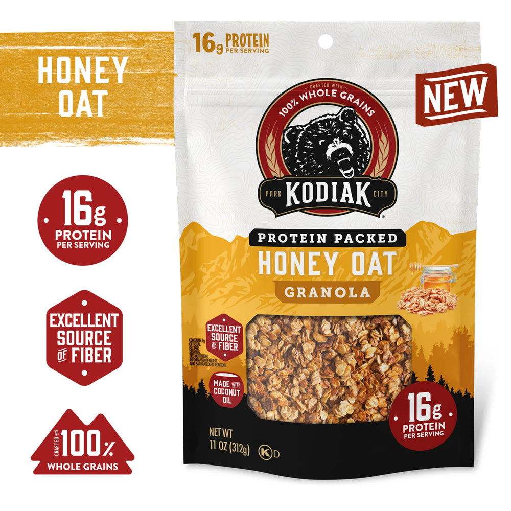 Kodiak Cakes primer plano textura crujiente y cierre resellable que preserva frescura