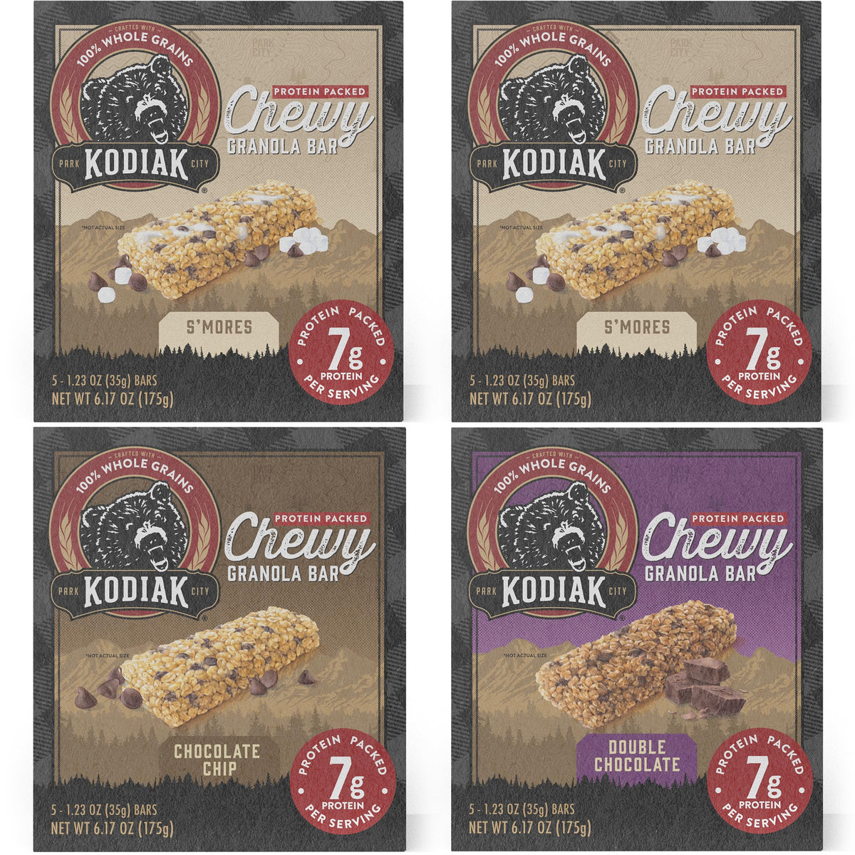 Kodiak Cakes vista frontal del pack variado que muestra cajas y sabores, ideal para llevar