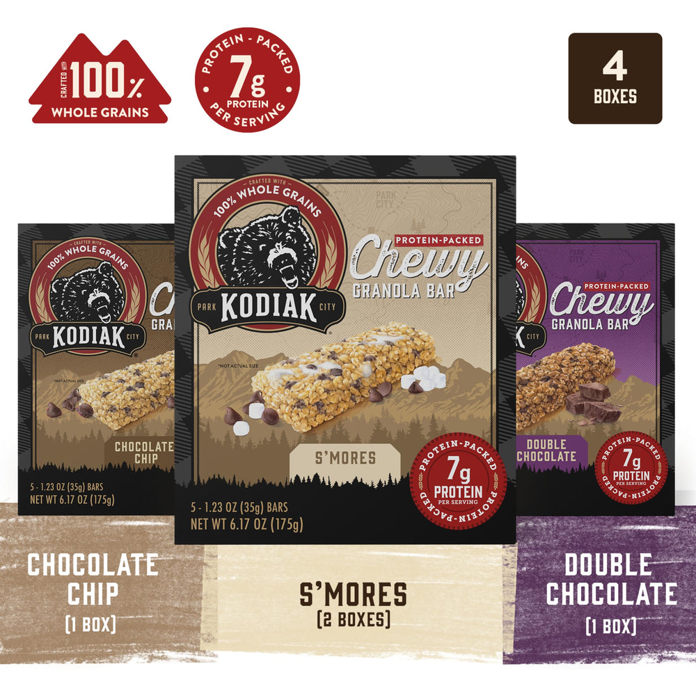Kodiak Cakes sobres individuales apilados, cómodo para llevar y consumir en movimiento