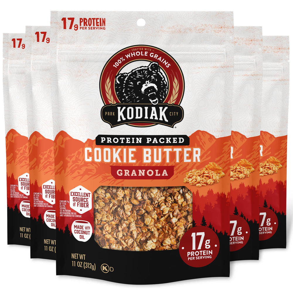 Kodiak Cakes paquete Cookie Butter al frente mostrando diseño y resealable