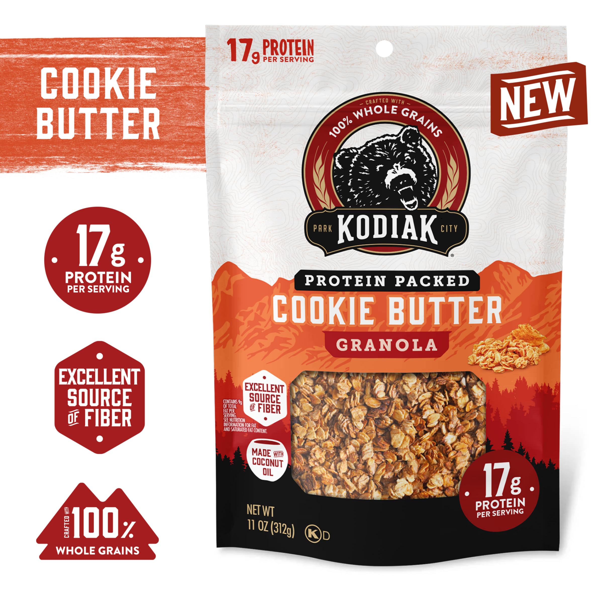 Kodiak Cakes primer plano de la textura crujiente con trozos y beneficios proteicos