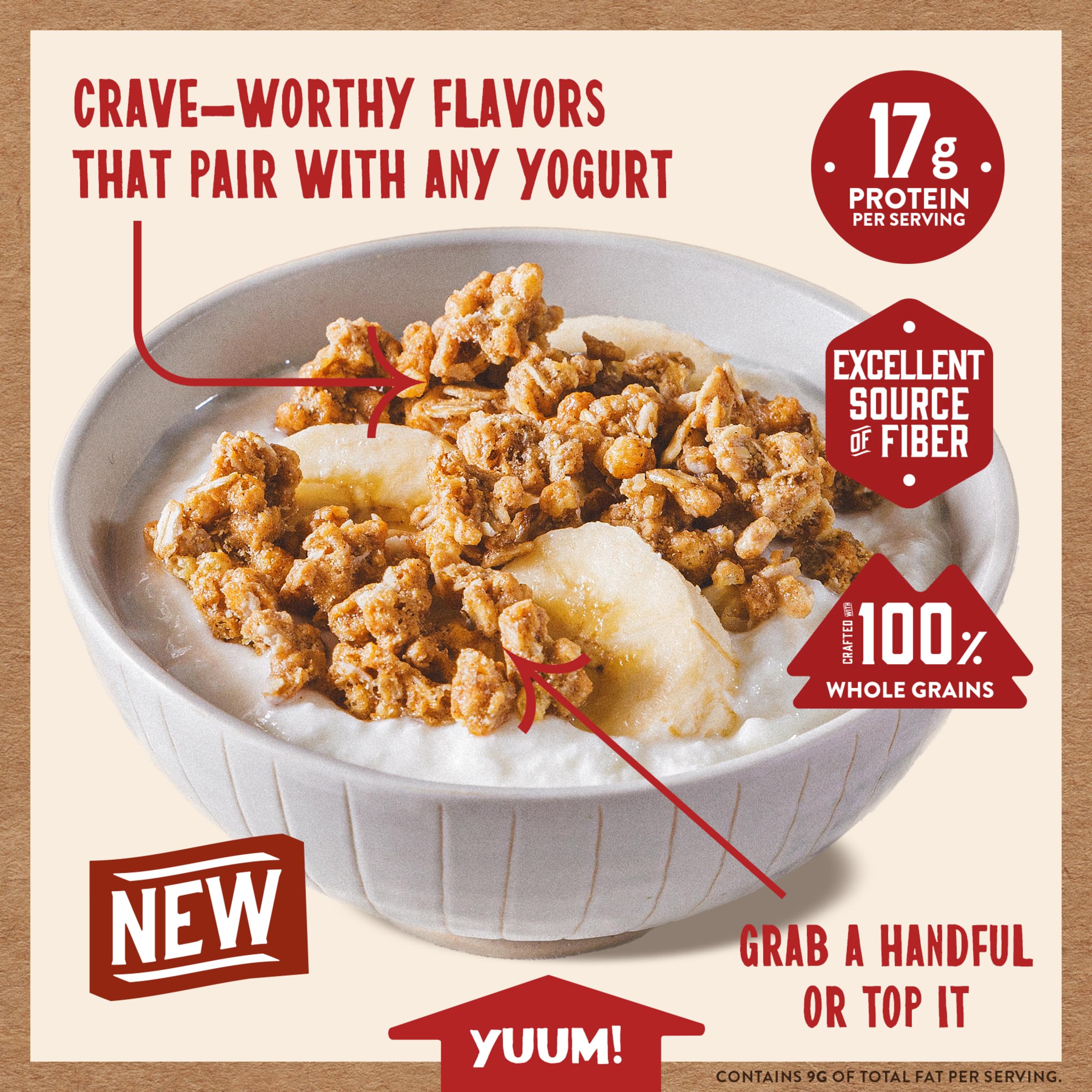 Kodiak Cakes granola sobre yogurt realzando proteína y textura en desayuno