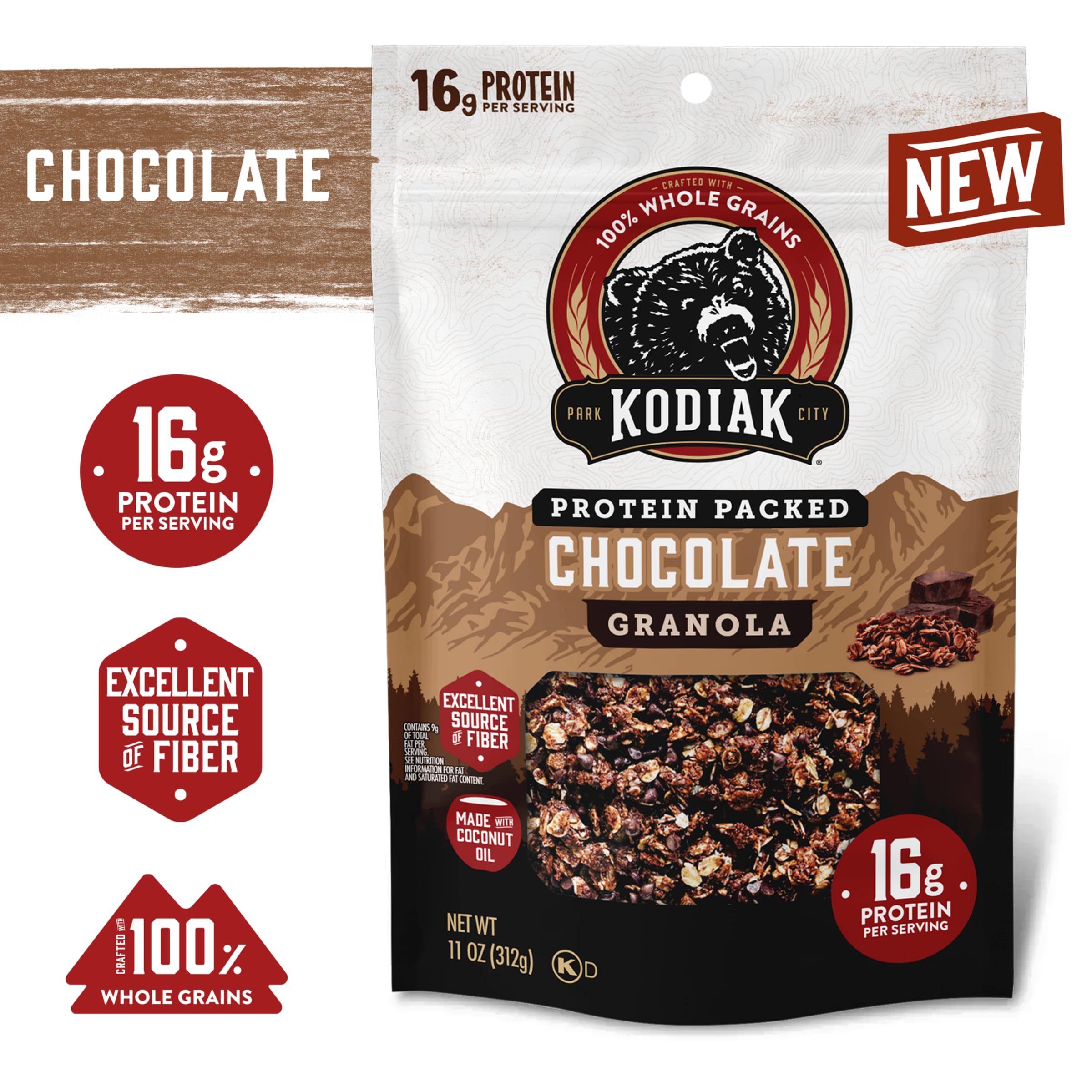 Kodiak Cakes detalle de textura crujiente de la granola con trozos de chocolate