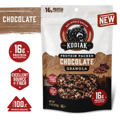 Kodiak Cakes detalle de textura crujiente de la granola con trozos de chocolate