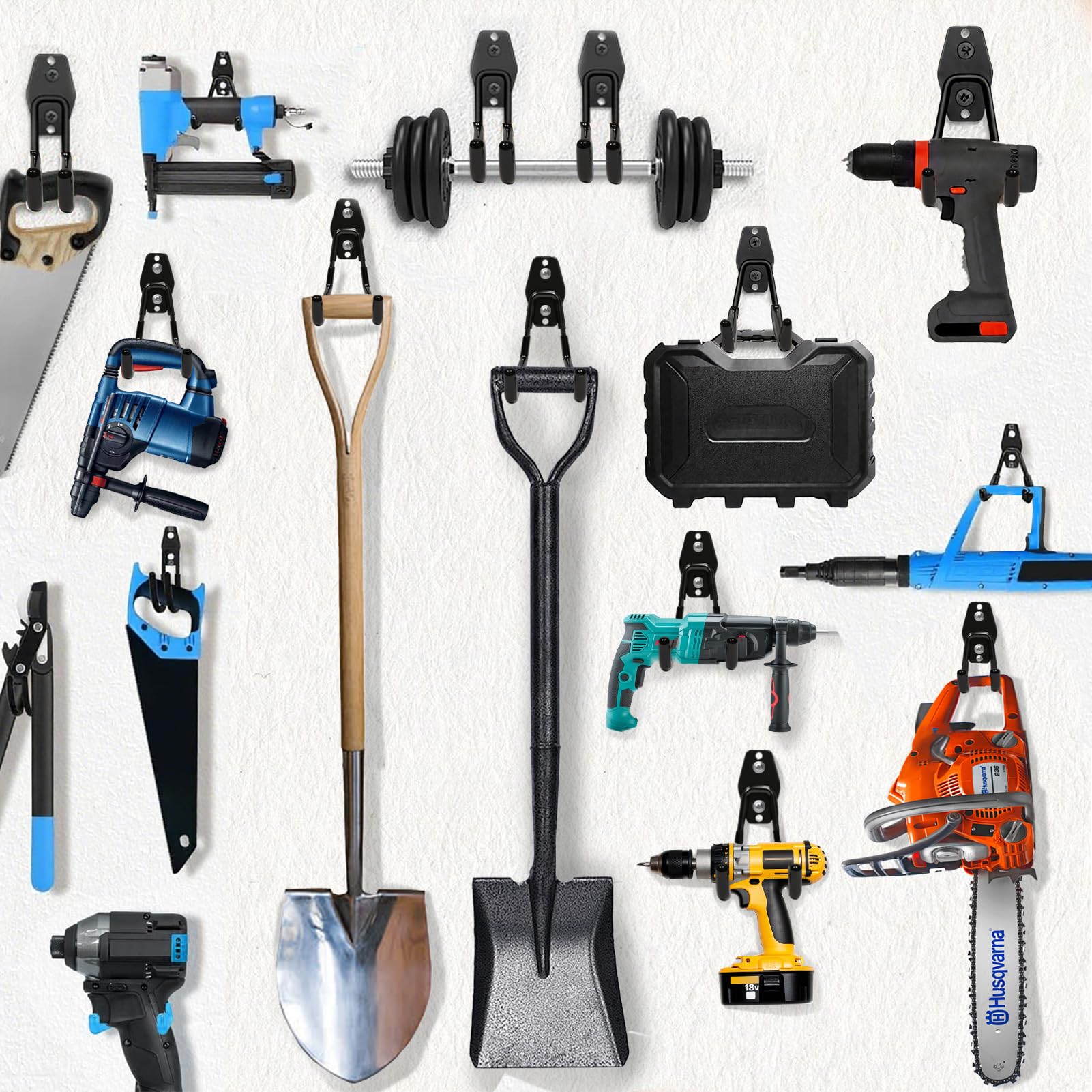 KOFANI styled garage with hooks storing tools showing clutter-free workspace benefit