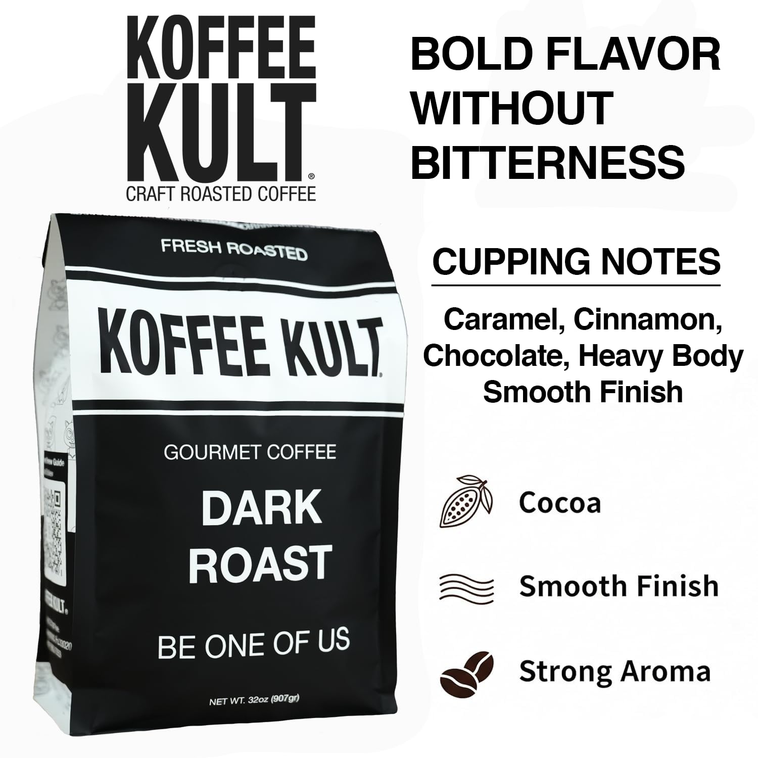 Koffee Kult close-up de granos mostrando textura y aroma