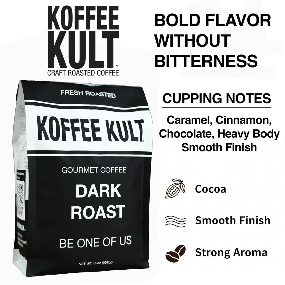 Koffee Kult close-up de granos mostrando textura y aroma