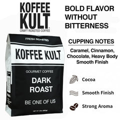 Koffee Kult close-up de granos mostrando textura y aroma