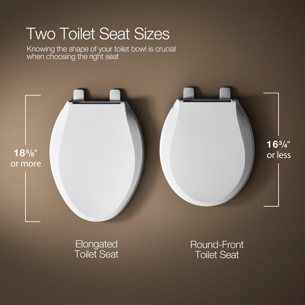 KOHLER Brevia asiento instalado en taza alargada demostrando ajuste y estética