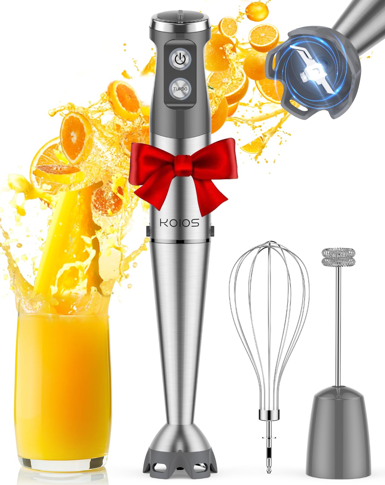 KOIOS immersion blender front view showing controls and cord, convenient power