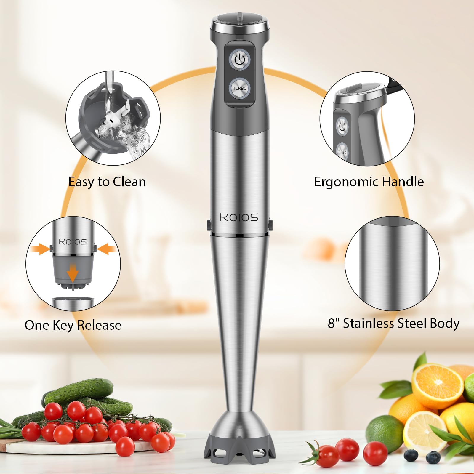 KOIOS blender next to hand for size comparison, compact powerful tool