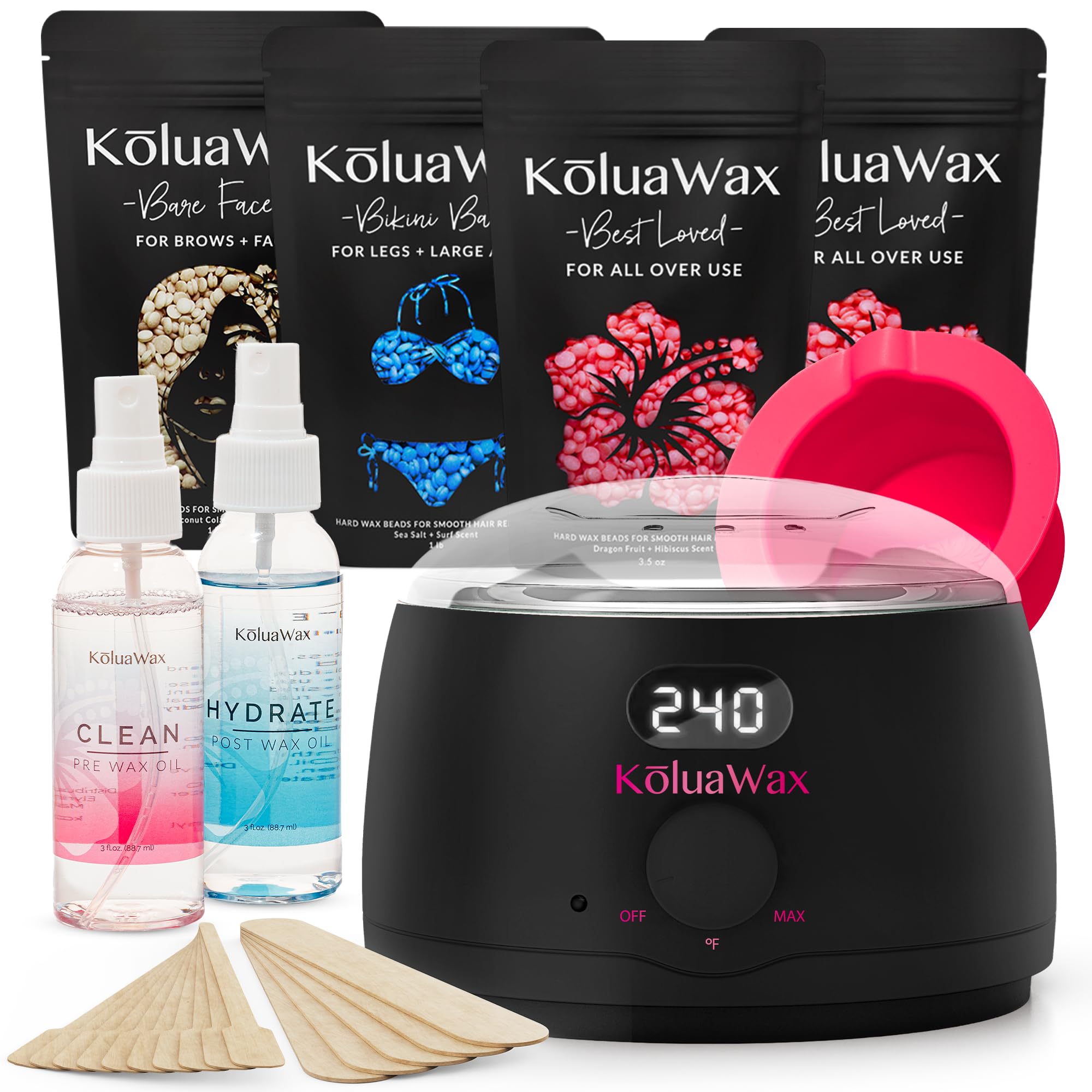 KoluaWax kit frontal completo mostrando calentador y accesorios para depilación segura
