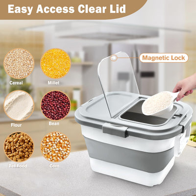 Komzon measuring cup and scoop beside dispenser showing precise portion control benefit