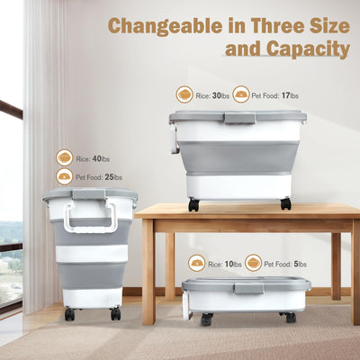 Komzon bin in a kitchen setting storing rice and pet food for organized pantry benefit