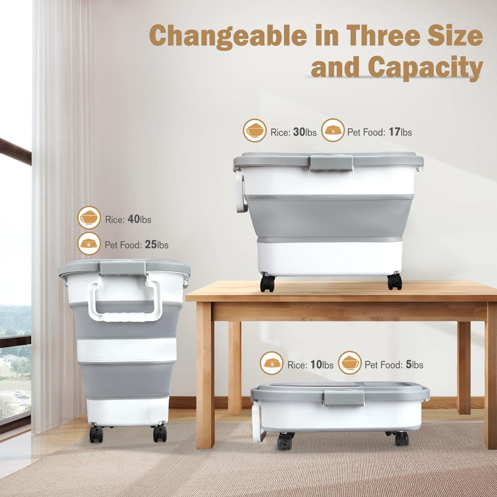 Komzon bin in a kitchen setting storing rice and pet food for organized pantry benefit