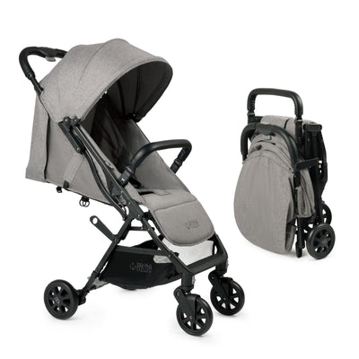 KOOLABABY vista frontal del cochecito gris, compacto y ligero