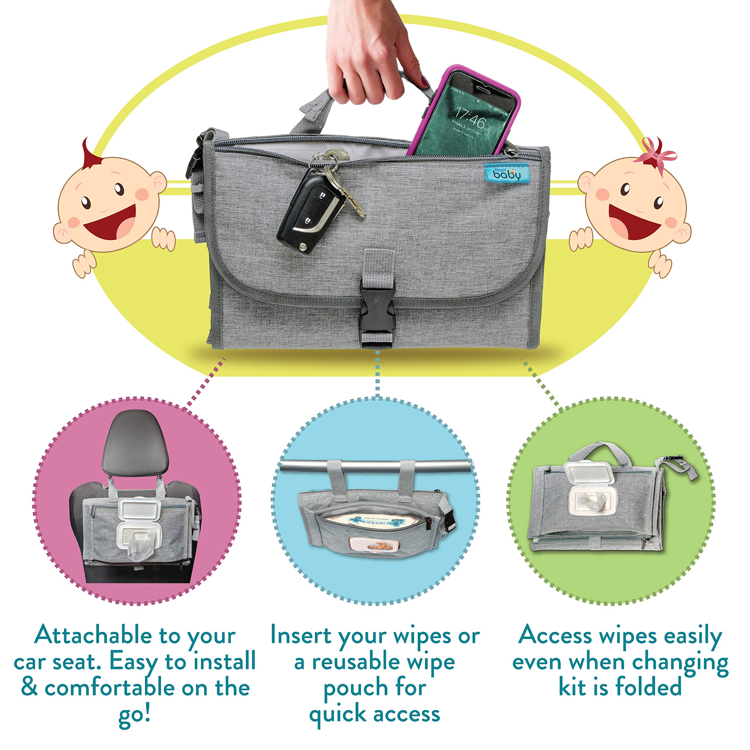 Kopi Baby bolsillo exterior con teléfono y llaves, organización práctica